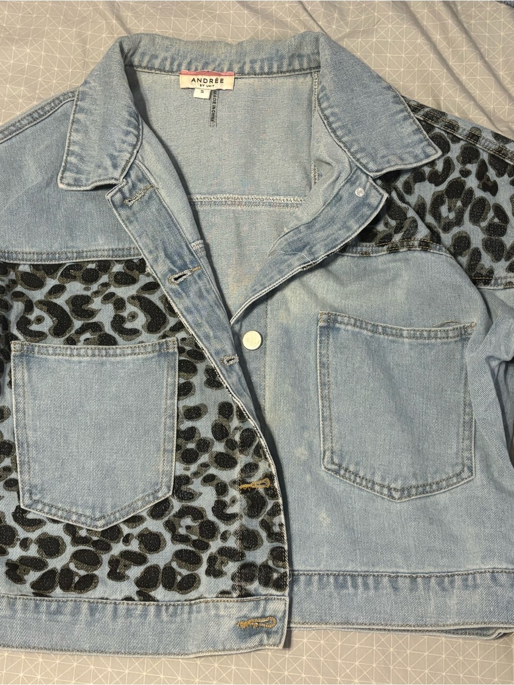Andree by Unit Light Blue Denim Jacket with Black Leopard Panels